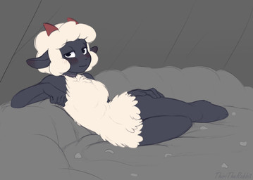 anthro blush blush_lines fur grey_body grey_fur gynomorph hand_on_leg hand_on_thigh hooves horn intersex lidded_eyes looking_at_viewer lying obscured_genitals petals raised_arm scar solo white_body white_fur wool_(fur) wool_hair thiritherabbit cult_of_the_lamb massive_monster_(studio) lamb_(cult_of_the_lamb) bovid caprine mammal sheep sketch nonbinary_(lore)