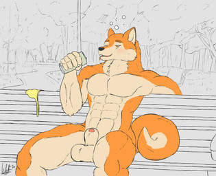 5_fingers animal_genitalia animal_penis anthro balls bench beverage black_nose blush canine_genitalia canine_penis detailed_background drunk fingers genitals grass half-closed_eyes looking_aside male muscular muscular_anthro muscular_male narrowed_eyes orange_body park penis penis_tip plant public sheath sitting solo substance_intoxication teeth tongue tongue_out tree white_body yellow_eyes wolfarion canid canine canis domestic_dog mammal shiba_inu spitz 2020 absurd_res hi_res partially_colored signature