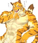 abs anthro biceps bodily_fluids cum cum_on_hand cum_on_penis cum_on_pubes fingers fur genital_fluids genitals male muscular muscular_anthro muscular_male nude pecs penis penis_base pubes red_eyes simple_background solo stripes captainjohkid felid mammal pantherine tiger absurd_res hi_res