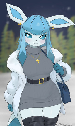 4_fingers anthro belt belt_buckle big_breasts black_belt black_clothing black_legwear black_purse black_thigh_highs blue_clothing blue_eyes blue_gloves blue_hair blue_handwear blush breasts buckle christian_symbol clothing cross cross_necklace ear_piercing ear_ring eyebrows female female_anthro fingers fur_coat gloves grey_turtleneck hair handwear jewelry legwear long_hair looking_at_viewer necklace piercing religion religious_symbol ring_piercing small_waist smile solo standing sweater tail text thick_thighs thigh_highs topwear turtleneck wide_hips shay_the_one christianity nintendo pokemon yumi_(shay_the_one) eeveelution generation_4_pokemon glaceon pokemon_(species) 2025 artist_name hi_res