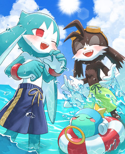 anthro black_body black_fur clothed clothing eyes_closed eyewear eyewear_on_head fur goggles goggles_on_head green_body green_fur group kemono lens_flare male one_eye_closed open_mouth partially_submerged red_eyes sea splashing_water summer swimming_trunks swimwear topless topless_male trio water young young_anthro young_male amber_graygamma bandai_namco klonoa_(series) huepow king_of_sorrow klonoa 2023 hi_res