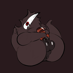anthro anus balls big_balls big_butt big_penis bodily_fluids butt cocksleeve_penetration fluffy genital_fluids genitals huge_butt male mask neck_tuft penetrable_sex_toy penis penis_in_cocksleeve precum red_anus red_background red_body red_butt red_eyes red_penis sex_toy simple_background slightly_chubby solo spread_legs spreading thick_thighs tuft vein veiny_penis white_mask nauiho inini emnidi 1:1