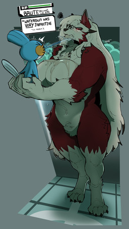 ambiguous_gender annoyed anthro big_breasts breasts cross-popping_vein dipstick_ears duo ear_markings emanata featureless_crotch female feral frustration_cloud fur grey_background hair highlights_(coloring) holding_character huge_breasts long_hair markings multicolored_body multicolored_ears multicolored_fur muscular muscular_female pokemorph red_body red_eyes red_fur red_sclera simple_background size_difference snaggle_tooth spitting spitting_on_face splash standing text thick_thighs two_tone_body two_tone_fur user_interface water wet wet_breasts white_body white_fur wide_hips lowkey_nottoast nintendo pokemon bellona_(mercsavior935) canid canine generation_3_pokemon generation_7_pokemon lycanroc mammal midnight_lycanroc mudkip pokemon_(species) 2026 english_text hi_res signature