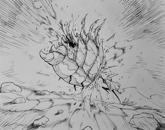 ambiguous_gender anthro attack battle biped black_eyes cloak clothing duo feral flying holding_melee_weapon holding_object holding_weapon horn melee_weapon motion_lines rock tail weapon wings sharpski hollow_knight:_silksong hollow_knight_(franchise) inktober team_cherry hornet_(hollow_knight) arthropod savage_beastfly 2025 absurd_res hi_res monochrome female_(lore)