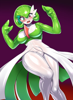 big_breasts breasts bulge detailed_bulge female genital_outline gradient_background green_body green_eyes gynomorph hair human_to_humanoid intersex mid_transformation not_furry penis_outline red_eyes simple_background solo species_transformation transformation white_body danilokumriolu nintendo pokemon gardevoir generation_3_pokemon humanoid mammal pokemon_(species) hi_res