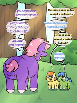 ambiguous_feral ambiguous_gender balls blue_eyes blue_hair blue_tail day dialogue feral genitals green_body hair male male_feral neonate open_mouth orange_hair outside pink_hair pink_tail purple_body quadruped tail text yellow_body young young_ambiguous young_feral giggle_fluffy's fluffy_pony equid equine fluffy_pony_(species) horse mammal pony 3:4 comic digital_media_(artwork) hi_res spanish_description spanish_text translated translated_description