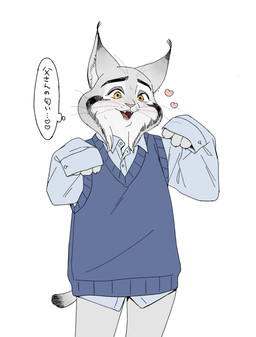 anthro blush bodily_fluids bottomless clothed clothing collared_shirt dress_shirt ear_tuft eyebrows fangs fur grey_body happy heart_symbol male oversized_clothing oversized_topwear shirt short_tail size_difference smile sniffing sniffing_clothes solo sweat sweatdrop sweater sweater_vest tail teeth text topwear trying_on_clothes tuft vest yellow_eyes nekochan_paw disney zootopia pawbert_lynxley canada_lynx felid feline lynx mammal hi_res japanese_text incestuous_temptation_(lore)