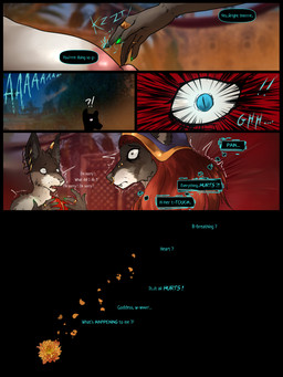 anthro big_breasts blue_eyes breasts chrysanthemum dialogue duo facial_piercing female female/female flower huge_breasts magic nose_piercing nose_ring pain panicking piercing plant pupils ring_piercing screaming septum_piercing septum_ring slit_pupils text touching_chest tyunre yasira_vharr_ombrelune canid mammal 3:4 comic english_text hi_res