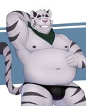 absurd_res acario_(artist) anthro axel_(remember_the_flowers) belly big_belly bulge clothing deep_navel eyes_closed felid hi_res kerchief male mammal navel neckerchief overweight pantherine pink_nose remember_the_flowers solo thong tiger underwear