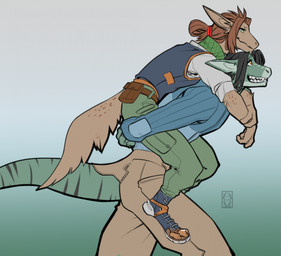 anthro belt_pouch black_hair bottomwear brown_hair carrying_another clothed clothing duo female fluffy fluffy_tail footwear fur green_body hair lizard_tail male pants piggyback ponytail riding_on_back shirt shoes simple_background smile tail tan_body tan_fur topwear faint leo_(maaarked_one) tavi_(maaarked_one) durachev furred_scalie hilachev scalie digital_media_(artwork) hi_res