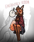 anthro bong bottomwear brown_body brown_fur clothing collar drugs embarrassed emergency_room faceless_character female fur group hoodie hospital marijuana red_body red_eyes red_fur simple_background sitting skirt text topwear jam_(artist) aiden_ashleys canid canine fox mammal