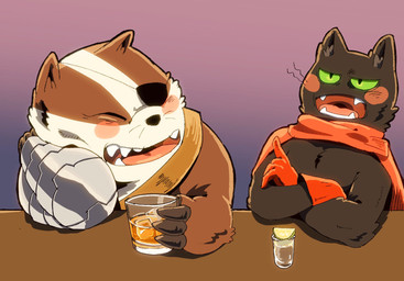 1_eye alcohol anthro beverage black_body black_fur blush cybernetics digitigrade disability drinking drunk duo fur green_eyes machine male overweight overweight_male prosthetic prosthetic_arm prosthetic_limb substance_intoxication vetiver_n cartoon_network mao_mao:_heroes_of_pure_heart badgerclops sheriff_mao_mao_mao badger cyborg domestic_cat felid feline felis mammal mustelid musteline hi_res