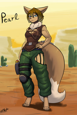 4_toes 5_fingers accessory anthro armor barefoot blonde_hair blue_eyes bottomwear brown_body brown_fur clothed clothing desert feet female fingers fur hair knee_pads leather leather_armor looking_at_viewer outside pants short_hair solo standing tail toes topwear wasteland weapon bear213 fallout idiots microsoft nintendo pokemon pearl_(pearl123_art) eevee generation_1_pokemon pokemon_(species) digital_media_(artwork) full-length_portrait hi_res portrait