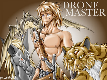 anthro blue_eyes brown_eyes brown_hair clothed clothing dagger feral group hair male melee_weapon membrane_(anatomy) membranous_wings size_difference sword tail text topless warrior weapon wings yellow_eyes karabiner mythology dragon felid human mammal mythological_creature mythological_scalie pantherine scalie tiger 4:3 english_text