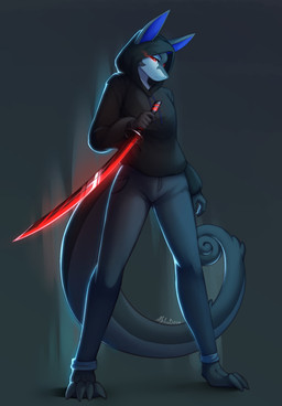 4_toes 5_fingers anthro bottomwear clothing curling_tail denim denim_bottomwear denim_clothing feet fingers glowing glowing_eyes grey_body hoodie jeans long_tail male male_anthro melee_weapon pants red_eyes solo sword tail toes topwear weapon alphadesu shad_(shad) mammal unknown_species absurd_res hi_res