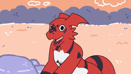 ambiguous_gender anthro black_markings blush blush_lines clothing cloud detailed_background dialogue disembodied_hand duo ears_up front_view gargling glistening glistening_eyes gloves grey_background hand_on_cheek handwear heart_eyes heart_symbol implied_oral innuendo looking_at_viewer loose_feather markings master music nude_ambiguous nude_anthro propositioning question quill rear_view red_background red_body red_skin red_sky rock simple_background sky smile solo_focus suggestive_dialogue tail tail_motion tailwag talking_to_viewer tapping_shoulder teeth text tongue user_interface white_clothing white_gloves white_handwear wiggling_fingers blurrygreyarts .hack bandai_namco cyberconnect2 digimon bony_grunty_(.hack) digimon_(species) grunty_(.hack) guilmon reptile scalie 16:9 2025 2d_animation animated english_audio english_text frame_by_frame sound voice_acted widescreen