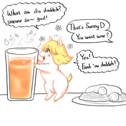 baby_talk blonde_hair blue_eyes container cup dish featureless_crotch food fur glass glass_container glass_cup hair happy hooves juice_(beverage) micro offscreen_character on_hind_legs open_mouth open_smile orange_juice pasta side_view smile solo spaghetti tail text white_body white_fur yellow_hooves yellow_tail yellowcottoncandy030 fluffy_pony fluffy_pony_(species) mammal 1:1 2025 comic digital_media_(artwork) english_text hi_res shaded