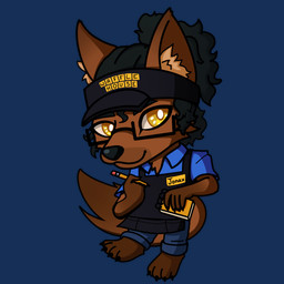 anthro black_hair brown_body brown_fur chibi eyewear fur glasses hair long_hair male note_pad pencil_(object) solo waiter yellow_eyes eskart goober waffle_house jonax_brown-fox 1:1 absurd_res alpha_channel hi_res