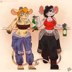 1:1 2020 alcohol anthro beer beverage big_breasts black_hair blonde_hair blue_eyes breasts chip_'n_dale_rescue_rangers cleavage cleavage_overflow clothed clothing digital_media_(artwork) disney drxii duo ear_piercing entwined_tails eyewear female female/female fur gadget_hackwrench glitch_(chip_'n_dale_rescue_rangers) goggles hair hi_res mammal midriff mouse murid murine navel piercing rodent simple_background smile smoking tail tail_coil