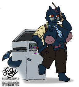 1980s_theme anthro arm_tattoo belly big_breasts black_body breasts chest_tattoo clothed clothing electronics eyewear female fur genitals glasses hair inverted_nipples legwear necktie nipples on_phone open_clothing open_shirt open_topwear phone photocopier photocopying_butt pressing_button printer pubes red_eyes shirt slightly_chubby solo suspenders tail tattoo text thigh_highs topwear vulva whiskers frooby night_in_the_woods mae_borowski domestic_cat felid feline felis mammal absurd_res digital_media_(artwork) english_text hi_res signature url