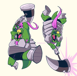 action_pose anthro armor armpit_hair body_hair briefs bulge butt clothed clothing green_body hair hammer long_hair male mature_anthro mature_male pink_hair ponytail pose solo tools unconvincing_armor underwear yellow_eyes stellizard deltarune undertale_(series) gerson_boom_(deltarune) reptile scalie turtle hi_res