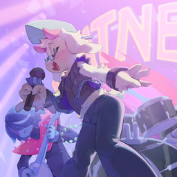 anthro bass_drum blue_hair blush clothing crop_top drum drum_set duo electric_guitar electronics eyewear fur glasses guitar hair male microphone midriff mohawk musical_instrument percussion_instrument plucked_string_instrument shirt singing string_instrument tom_drum topwear white_body white_fur burnbuckie deltarune undertale_(series) kris_dreemurr ralsei bovid caprine goat human mammal 1:1 2026 hi_res