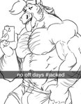 anthro arm_hair backwards_hat body_hair bulge chest_hair clothed clothing clothing_pull cocky_smile electronics fur hair hat headgear headwear looking_at_viewer male mane mirror_selfie musclegut muscular muscular_anthro muscular_male nipples pecs phone pubes selfie simple_background smile solo text tongue tongue_out underwear underwear_pull vein veiny_muscles kihu coop_(kihu) equid equine hybrid mammal digital_media_(artwork) monochrome