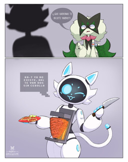 2_panel_comic 3_fingers 4_fingers :3 ;3 ambiguous_gender anthro anthrofied appliance arm_tattoo black_face blue_eyes blue_fingers blue_inner_ear blue_mouth blue_nose blurred_foreground bodily_fluids border cheek_tuft club_arms cooking dialogue dish duo facial_tuft featureless_crotch female fingers floating_fingers food for_a_head fruit gesture grey_background hand_gesture handpaw holding_knife holding_object kitchen_utensils knife logo machine meat one_eye_closed open_:3 paws plant pointing pointing_at_another robot_joints screen screen_face segmented_body serving_food serving_tray shawarma silhouette simple_background smile speech_bubble sweat tail talking_to_another tattoo text thick_thighs tools tuft upgrade white_body white_border wide_eyed wide_hips wink worried razgrizdl nintendo pokemon pudu_robotics ka-t rose_(razgrizdl) bellabot domestic_cat elemental_creature felid feline felis flora_fauna generation_9_pokemon mammal meowscarada object_head pokemon_(species) robot robot_anthro screen_head 2025 artist_logo cel_shading comic crossover hi_res portrait shaded spanish_text three-quarter_portrait translated