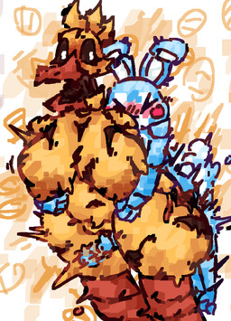 anthro areola belly_grab big_breasts black_sclera blue_body blush bodily_fluids breasts duo eyes_closed female from_behind_position fur grabbing_from_behind machine male male/female motion_lines nipples orange_areola orange_nipples pubes rough_sex sex slightly_chubby slightly_chubby_female sweat sweatdrop thick_thighs thigh_sex twitching yellow_body yellow_fur scaliescum five_nights_at_freddy's five_nights_at_freddy's_2 scottgames toy_bonnie_(fnaf) withered_chica_(fnaf) animatronic avian lagomorph mammal robot aliasing digital_media_(artwork) hi_res