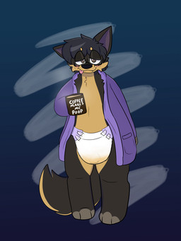 3_toes ambiguous_gender anthro beverage black_hair black_nose blush bodily_fluids brown_body brown_fur brown_tail clothed clothing coffee container cup diaper feet front_view fur genital_fluids gradient_background hair half-closed_eyes holding_beverage holding_container holding_cup holding_mug holding_object jacket mug multicolored_body multicolored_fur narrowed_eyes orange_body orange_fur orange_tail purple_clothing purple_inner_ear purple_jacket purple_topwear simple_background smile snaggle_tooth solo standing steam tail text text_on_mug toeless_(marking) toes tongue tongue_out topwear two_tone_body two_tone_fur two_tone_tail unclean_diaper urine used_diaper wearing_diaper wet_diaper browniepoofbutt smoky_(smoky_doggo) canid canine canis domestic_dog mammal 3:4 english_text full-length_portrait hi_res portrait