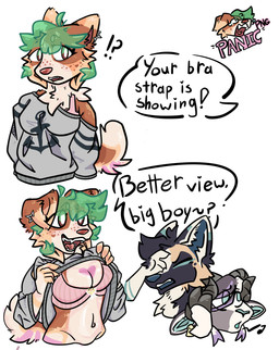 anthro blush bra breasts clothing downturned_eyes ear_piercing ear_ring excited eyelashes female floppy_ears freckles group horn male piercing playful presenting ring_piercing speech_bubble sweater text topwear trio underwear panic'png bra_strap_showing_(meme) comet(panic'png) saturn(panic'png) toffee(panic'png) australian_shepherd bovid canid canine canis caprine domestic_dog german_shepherd goat herding_dog mammal pastoral_dog sheepdog absurd_res hi_res meme