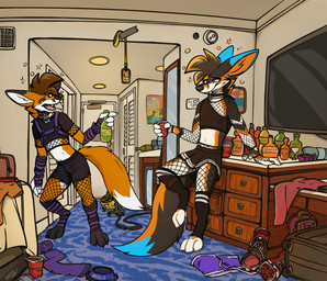 alcohol_bottle anthro armwear beverage_bottle black_body black_bottomwear black_clothing black_ear_tips black_fur black_nose black_shorts black_skirt blue_body blue_carpet blue_ear_tips blue_eyes blue_fur blue_tail_tip bone_collar_tag bone_tag bottle bottomwear bowl boxers_(clothing) brown_hair bubble character_badge_(object) chest_harness clothed clothing collar collar_tag container convention crossdressing cuff_(restraint) cup detailed_background dipstick_ears dipstick_tail discarded_clothing drunk drunk_bubble duo ear_markings elbow_gloves electronics fan_(object) feet femboy fingerless_gloves fishnet_clothing fishnet_leggings fishnet_legwear fishnet_shirt fishnet_topwear footwear fur gloves green_eyes hair handwear harness hindpaw holding_container holding_cup holding_object hotel_room inside lanyard leaning_on_furniture leggings legwear male markings mirror multicolored_ears open_mouth orange_body orange_fur orange_inner_ear paw_socks paws pet_bowl pink_tongue purple_boxers purple_clothing purple_collar purple_harness purple_underwear red_clothing red_footwear red_shoes red_solo_cup restraints shirt shoes short_hair shorts skirt snout socks substance_intoxication suitcase tail tail_markings television text text_on_collar_tag toeless_footwear toeless_socks toeless_thigh_highs tongue topwear underwear white_body white_fur white_inner_ear white_tail_tip wrist_cuffs rreze_(artist) milo_(milofox) rreze_(character) canid canine fox mammal pampas_fox red_fox south_american_fox true_fox 2026 cel_shading digital_drawing_(artwork) digital_media_(artwork) english_description english_text hi_res shaded