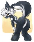 2015 anthro bent_over black_body black_fur butt female female_anthro fluffy fluffy_tail fur hair kemono looking_at_viewer looking_back mammal mephitid multicolored_body multicolored_fur nude oyatsu raised_tail simple_background skunk snout solo tail tuft two_tone_body two_tone_fur white_body white_fur white_hair yellow_eyes