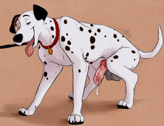 anatomically_correct anatomically_correct_genitalia anatomically_correct_penis animal_genitalia animal_penis balls black_body black_fur black_spots bodily_fluids brown_background canine_genitalia canine_penis collar condom cum digitigrade erection feral filled_condom fur genital_fluids genitals half-closed_eyes knot leash looking_pleasured male markings narrowed_eyes open_mouth orgasm_face penis sexual_barrier_device side_view simple_background smile solo spots spotted_body spotted_fur tongue tongue_out wearing_condom white_body white_fur marjani 101_dalmatians disney pongo canid canine canis dalmatian domestic_dog mammal 2016