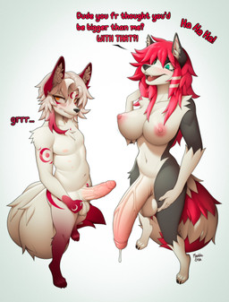 anthro areola balls big_balls big_breasts big_penis biped black_body black_fur blush bodily_fluids breasts claws curvy_figure digitigrade duo erection finger_claws foreskin fur genital_fluids genitals gynomorph gynomorph/male gynomorph_anthro hair half-erect hourglass_figure huge_penis humiliation intersex intersex/male intersex_anthro larger_gynomorph larger_intersex male male_anthro markings multicolored_body multicolored_fur multicolored_hair nipples nude_anthro nude_gynomorph nude_male open_mouth open_smile orange_eyes paws penis penis_humiliation penis_size_comparison penis_size_difference pink_areola pink_nipples pink_penis precum red_body red_fur red_hair ring_(marking) ringed_tail size_difference small_penis_humiliation small_waist smaller_male smile standing striped_markings striped_tail stripes tail tail_markings text toe_claws two_tone_hair vein veiny_penis white_balls white_body white_breasts white_fur white_hair wide_hips marblesoda rikki canid canine canis mammal wolf 2026 absurd_res digital_media_(artwork) english_text hi_res