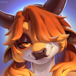 anthro eyelashes female fur glowing glowing_eyes hair horn looking_at_viewer makeup orange_eyes orange_hair simple_background smile solo yellow_body syringa bovid bovine cattle mammal digital_media_(artwork) hi_res portrait