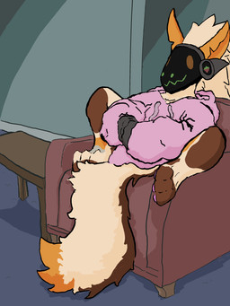 anthro bottomless chair clothed clothing furniture hoodie hoodie_only machine male pawpads paws protogen_visor sitting solo topwear topwear_only ails protogen 3:4 absurd_res hi_res