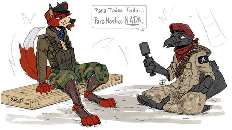 anthro blue_eyes clothing dialogue duo ears_up explosives eyebrows fur grenade hat headgear headwear male male/male military military_cap military_clothing military_hat military_jacket military_pants military_uniform purple_eyes sitting soldier speech_bubble tail text uniform warrior weapon mawkvlt izaan_raysmith_(mawkvlt) avian bird canid canine corvid corvus_(genus) crow fox mammal oscine passerine 16:9 widescreen