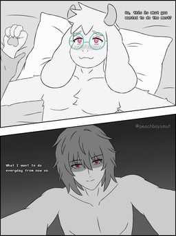 4_fingers ambiguous_gender anthro anthro_on_bottom bed bed_sheet bedding blush blush_lines dialogue duo embarrassed eyewear eyewear_only femboy fingers front_view fur furniture glasses glasses_only horn human_on_anthro human_on_top interspecies long_ears male male/ambiguous male_anthro male_on_bottom nude nude_anthro on_bottom on_top pawpads pillow pink_eyes red_eyes submissive submissive_male text wearing_glasses white_body white_fur wrist_grab peachboysmut deltarune undertale_(series) kris_dreemurr ralsei bovid caprine darkner goat human mammal 2026 absurd_res comic english_text greyscale hi_res monochrome nonbinary_(lore)