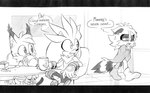 anthro bedding blanket boots bracelet clothing container cookie cup cutlery dialogue food footwear furniture group jewelry kitchen_utensils male morning quills_(anatomy) shoes speech_bubble spoon table tools trio finikart archie_comics sega sonic_the_hedgehog_(archie) sonic_the_hedgehog_(comics) sonic_the_hedgehog_(series) fan_character larry_lynx silver_the_hedgehog stripes_the_raccoon_(finikart) eulipotyphlan felid feline hedgehog lynx mammal procyonid raccoon monochrome signature