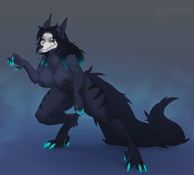 anthro barbell_piercing big_breasts black_body black_fur black_hair blue_eyes blue_hair_tips bone breasts canine_ears claws ear_piercing female fur genitals hair leaning leaning_forward long_tail markings mature_female nipple_piercing nipples nude piercing sharp_teeth simple_background skull skull_head solo spread_legs spreading tail teeth momhopantsu scp_foundation fan_character nik0_(niko_stargazer) scp-1471-a canid canine malo mammal absurd_res hi_res