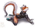 all_fours anthro clothing dragon fur furred_dragon furred_scalie hi_res kneeling latex latex_clothing latex_legwear latex_topwear legwear looking_at_viewer male moldofficial mythological_creature mythological_scalie mythology pawpads raised_tail scalie side_view solo spread_legs spreading tail topwear