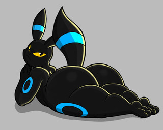 ambiguous_gender anthro big_butt black_body black_fur butt closed_frown frown fur grey_background looking_at_viewer looking_back looking_back_at_viewer lying mouth_closed nude_anthro on_front raised_tail simple_background solo tail yellow_sclera hyenakenisis nintendo pokemon eeveelution generation_2_pokemon pokemon_(species) shiny_pokemon umbreon hi_res