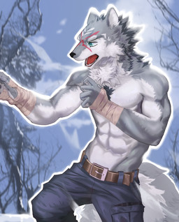 5_fingers abs anthro athletic athletic_anthro athletic_male belt_buckle blue_bottomwear blue_clothing blue_pants bodily_fluids bottomwear buckle chest_tuft claws clothed clothed_anthro clothed_male clothing countershade_arms countershade_face countershade_fur countershade_hands countershade_neck countershade_tail countershade_torso countershading facial_markings finger_claws fingers forehead_markings front_view fur grey_body grey_claws grey_fur hand_wraps head_markings head_turned looking_aside male markings multicolored_body multicolored_fur neck_tuft open_mouth outline pants pants_only pockets pose pupils red_markings red_tongue snout solo sweat sweatdrop sweaty_face tail teal_eyes teeth text tongue tongue_showing topless topless_anthro topless_male tuft two_tone_body two_tone_fur white_body white_countershading white_fur white_inner_ear white_outline white_sclera wraps kuromonsart canid canine canis mammal wolf 2022 artist_name colored dated digital_drawing_(artwork) digital_media_(artwork) hi_res portrait three-quarter_portrait