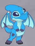 ambiguous_gender blue_body blue_eyes dipstick_tail gloves_(marking) leg_markings markings membrane_(anatomy) membranous_wings purple_markings smile socks_(marking) solo standing tail tail_markings wings pokemon22551 disney lilo_and_stitch neopets alien experiment_(lilo_and_stitch) hybrid neopet_(species) shoyru 2022 3:4 absurd_res crossover digital_drawing_(artwork) digital_media_(artwork) hi_res