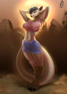 anthro bottomwear brown_body brown_fur brown_hair brown_scales clothing female footwear fur gloves grey_eyes hair hand_on_head handwear heterochromia looking_at_viewer rattle_(anatomy) scales shirt short_hair shorts smile smiling_at_viewer solo tank_top topwear yellow_eyes bokazhoka fallout microsoft sanya_(wuzy2121) canid canine canis coyote hybrid mammal night_stalker_(fallout) pit_viper rattlesnake reptile scalie snake viper hi_res