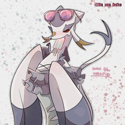 ambiguous_gender anthro black_nose bodily_fluids clothing dipstick_tail dress eyewear eyewear_on_head food fur markings popsicle popsicle_in_mouth purple_body purple_fur purple_tail_tip red_eyes solo sunglasses sunglasses_on_head sweat sweatdrop tail tail_markings wearing_sunglasses whiskers white_body white_ears white_fur white_tail yellow_body yellow_fur na_ma_koko nintendo pokemon generation_5_pokemon mienshao pokemon_(species) 1:1 2026 hi_res