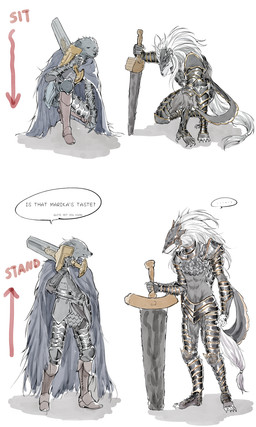 anthro armor duo male melee_weapon speech_bubble sword text weapon elden_ring fromsoftware blaidd_(elden_ring) maliketh_(elden_ring) canid canine canis mammal wolf 3:5 absurd_res english_text hi_res