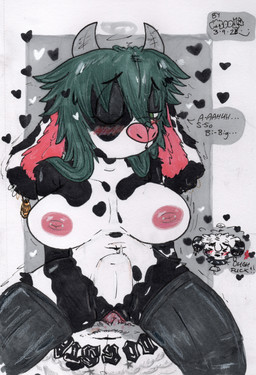 abdominal_bulge anthro areola barbell_piercing belly_tattoo big_breasts blush blush_lines breasts bulge clothing cowbell cowgirl_position dialogue dialogue_box duo ear_piercing eyes_closed female from_front_position green_eyes green_hair hair legwear male male/female motion_lines nipple_dip nipple_piercing nipples on_bottom on_top one_eye_closed penetration piercing sex spots stockings tattoo text vaginal vaginal_penetration mootsncompany eion_(mootsncompany) mumei_(mootsncompany) bovid bovine canid canine canis cattle dalmatian domestic_dog holstein_friesian_cattle mammal absurd_res english_text hi_res sketch traditional_media_(artwork)