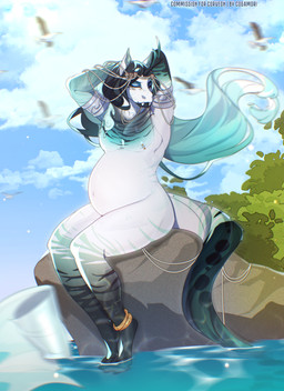 andromorph anthro fangs gem herm intersex male maleherm nature navel nipple_piercing nipples pearl_(gem) piercing pregnant pregnant_anthro pregnant_intersex pregnant_male sea seashell seaside shell sitting solo teeth water cogamori equid equine horse humanoid mammal absurd_res hi_res